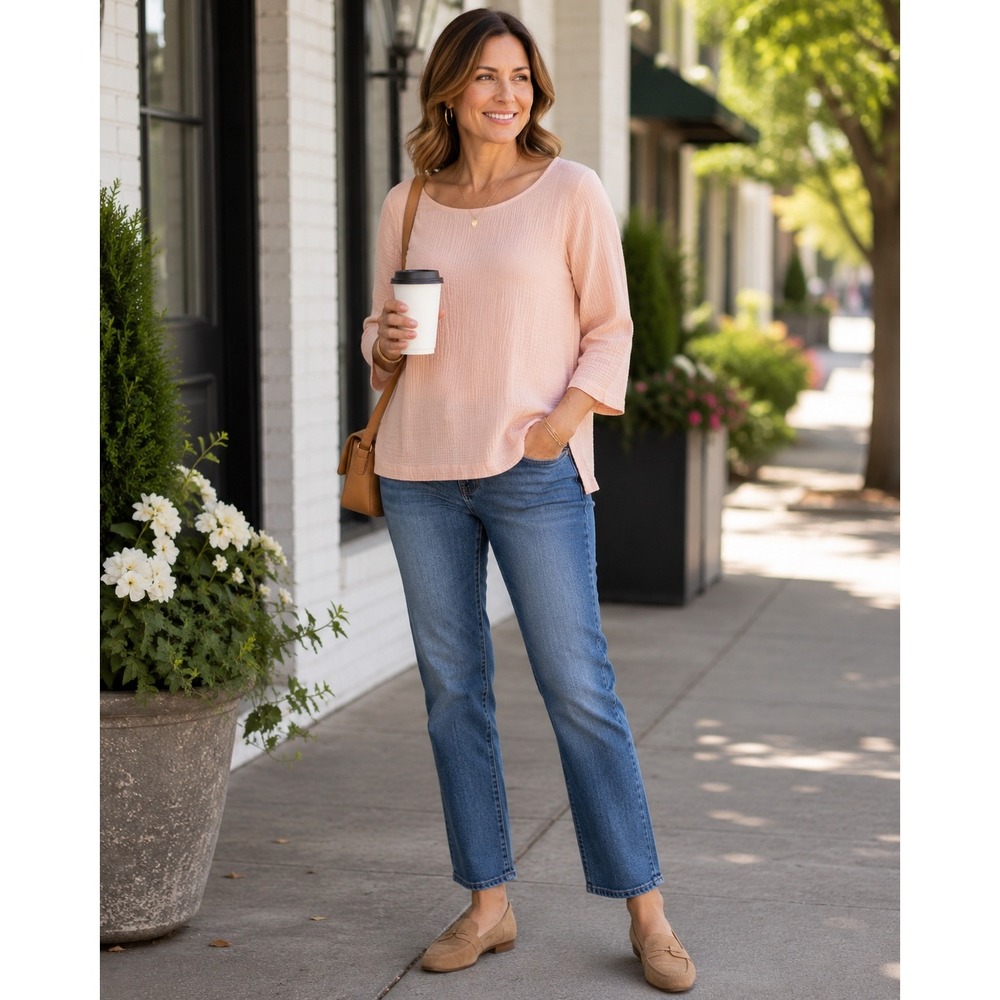 Pure Jill J. Jill Peach Pink Cotton Double Gauze Tunic Top 3/4 Sleeve Small